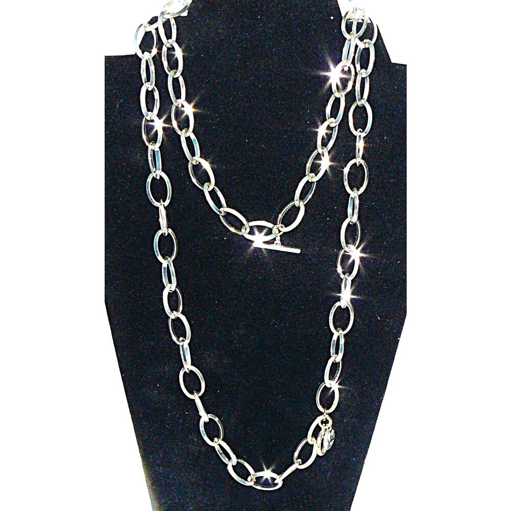 Vintage Signed Trifari Silver Tone 42" Necklace w Oval Links & Star Charm